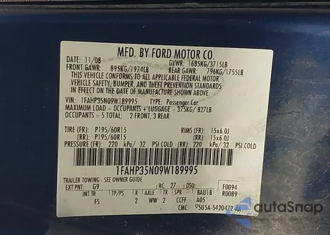 2009 Ford Focus Se из США, поврежденный, VIN 1FAHP35N09W189995